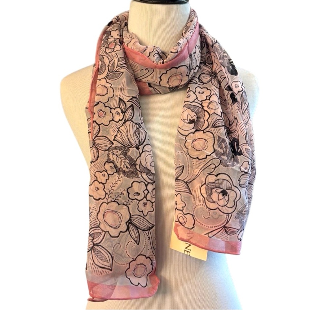 Tanner Silk Scarf Pink Black Floral Print 60x20 Rectangular Lightweight Wrap